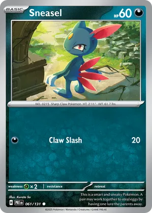 sneasel pokemon card (133) - Paldea Evolved Evolves from null Type Pokemon Destined Rivals Rare Team