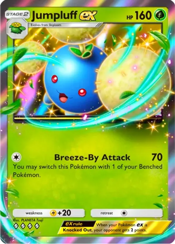 pokemon card jumpluff I aimed my special UV Light at this for one month! The yellow ink layer has been burnt faded out, leaving the cyan blue layer behind where green color was! Board Games and accessories Jumpluff 4/203 - SWSH07 Evolving