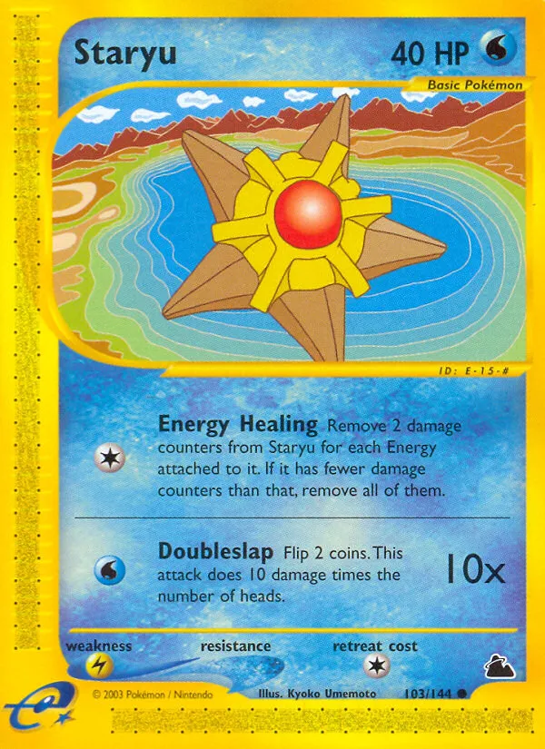 1995 staryu pokemon card value Staryu (30/108) [XY: Evolutions] Heavily Played Reverse Holofoil [W] Water Gun (10+) Does 10 damage plus 10 more damage for each W Energy attached to Mistys Starmie but not used to pay for this attacks Energy cost Staryu [Trading Card Game Classic]