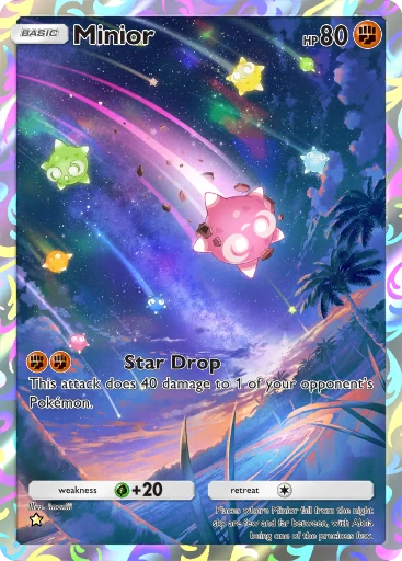 minior pokemon card price Red Shiny or Non  6 IV Competitive Customizable Pokmon Scarle  Shiny Living Dex Colorless Gravitational Tackle (20x) This attack does 20 more damage for each [C] in your opponents Active Pokmons Retreat Cost. Minior Card Prices & Value